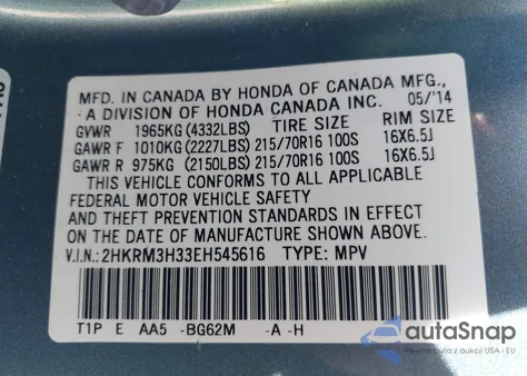 2014 Honda Cr-V Lx from USA, damaged, VIN 2HKRM3H33EH545616